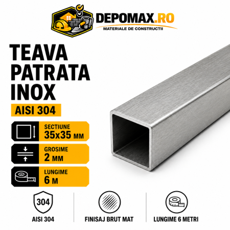 Teava patrata inox AISI 304, 35 x 35 x 2 mm, 6 metri